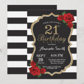Red Rose 21st Birthday Invitation Gold Glitter Kaart (Voorkant / Achterkant)