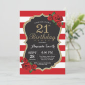 Red Rose 21st Birthday Invitation Gold Glitter Kaart (Staand voorkant)