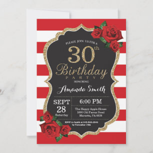 Red Rose 30th Birthday Invitation Gold Glitter Kaart