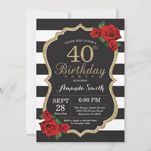 Red Rose 40th Birthday Invitation Gold Glitter Kaart (Voorkant)