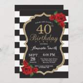 Red Rose 40th Birthday Invitation Gold Glitter Kaart (Voorkant / Achterkant)