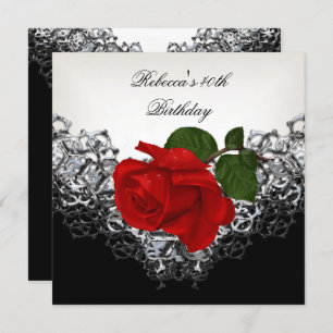 RED Rose 40th Birthday Lace Black White Silver Kaart