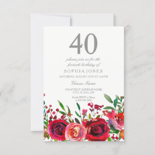 Red Rose 40th Birthday Party Invitation Kaart