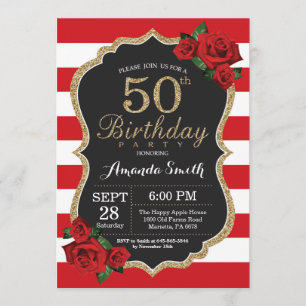 Red Rose 50th Birthday Invitation Gold Glitter Kaart