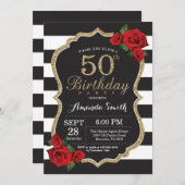 Red Rose 50th Birthday Invitation Gold Glitter Kaart (Voorkant / Achterkant)