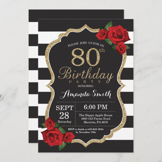 Red Rose 80e verjaardag uitnodiging Gold Glitter (Voorkant / Achterkant)