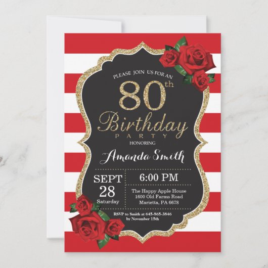 Red Rose 80th Birthday Invitation Gold Glitter Kaart (Voorkant)