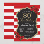 Red Rose 80th Birthday Invitation Gold Glitter Kaart (Voorkant / Achterkant)