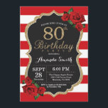 Red Rose 80th Birthday Invitation Gold Glitter Kaart<br><div class="desc">Red Rose 80th Birthday Invitation Gold Glitter. Zwarte en gouden feestdag uitnodiging. Gold Glitter. Rode en witte strepen. Chalkboard. Afdrukbaar digitaal. Voor verdere aanpassing,  te klikken gelieve de knoop "van de Aanpassing het"en ons ontwerphulpmiddel te gebruiken om deze sjabloon te wijzigen.</div>