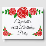 Red Rose 80th Birthday Party Gastenboek<br><div class="desc">Verzamel de namen van je gasten met dit Red Rose 80th Birthday Party Guest Book. Pas dit aan met haar naam en leeftijd. Dit elegante boek kenmerkt gestileerde roos kunst en romantische manuscriptdoopvont. Het is perfect voor je herinneringen.</div>
