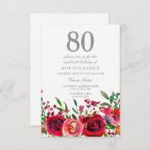 Red Rose 80th Birthday Party Invitation Kaart (Voorkant / Achterkant)