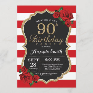 Red Rose 90th Birthday Invitation Gold Glitter Kaart