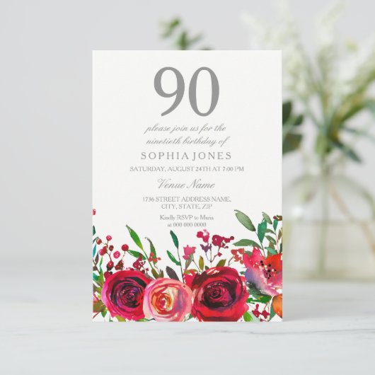 Red Rose 90th Birthday Party Invitation Kaart (Staand voorkant)