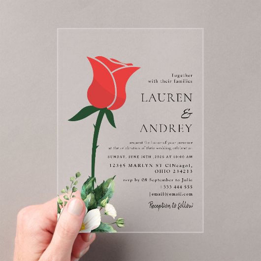 Red Rose Acrylic Wedding Invitation Acryl Uitnodigingen (Insitu (Draagbaar))