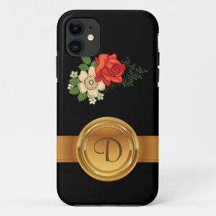 Red Rose and Daisies Gold Monogram Name Case-Mate iPhone Case