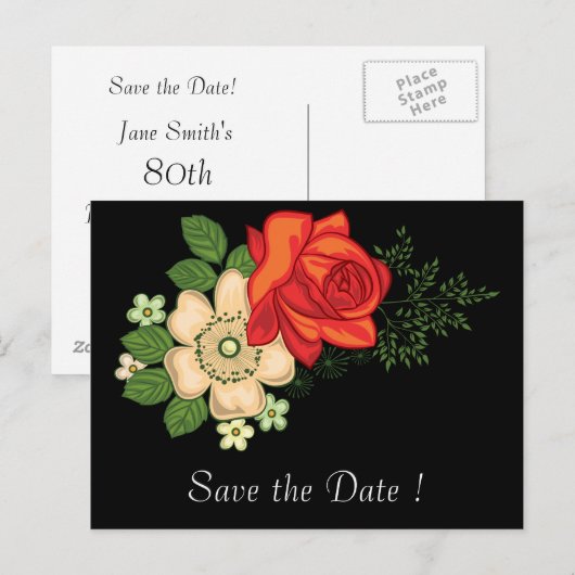 Red Rose and Daisies Save the Date 80th Birthday Aankondigingskaart (Voorkant / Achterkant)