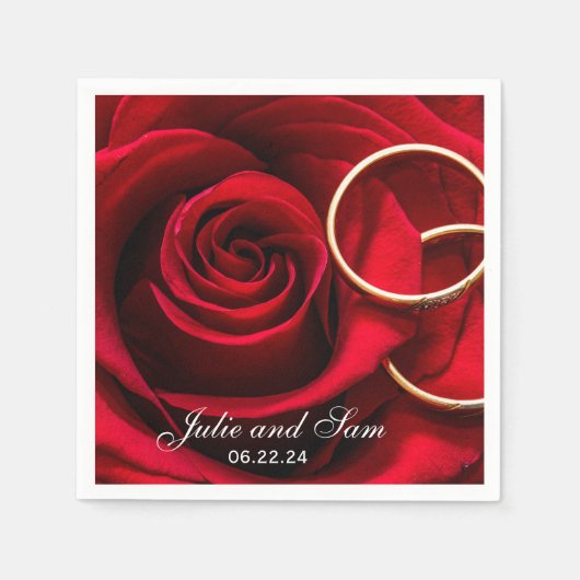 Red Rose and Wedding Rings Personalized Napkins Servet (Voorkant)