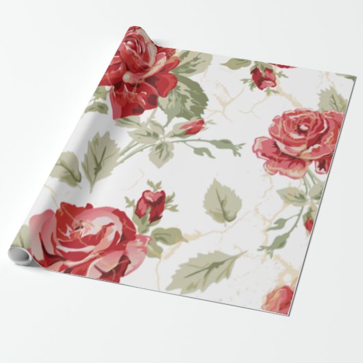 Red rose and white classic print cadeaupapier (Uitgerold)