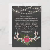 Red Rose Antlers - Rustic Chalkboard Wedding Kaart (Voorkant)