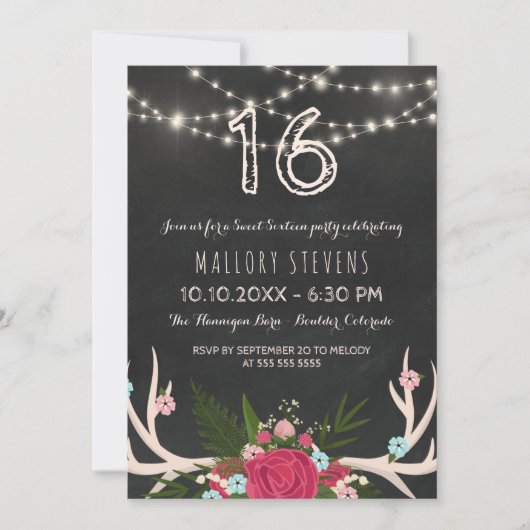 Red Rose Antlers - Rustic Sweet Sixteen Kaart (Voorkant)