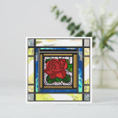 Red Rose Art Deco Blauwgroen Glas in lood Kaart (Staand voorkant)