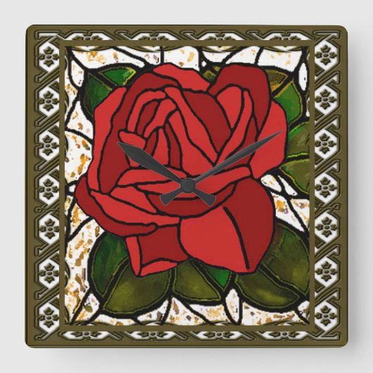  Red Rose Art Deco Vierkante Klok (Voorkant)