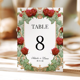 Red Rose Art Nouveau Wedding Table Number Kaart