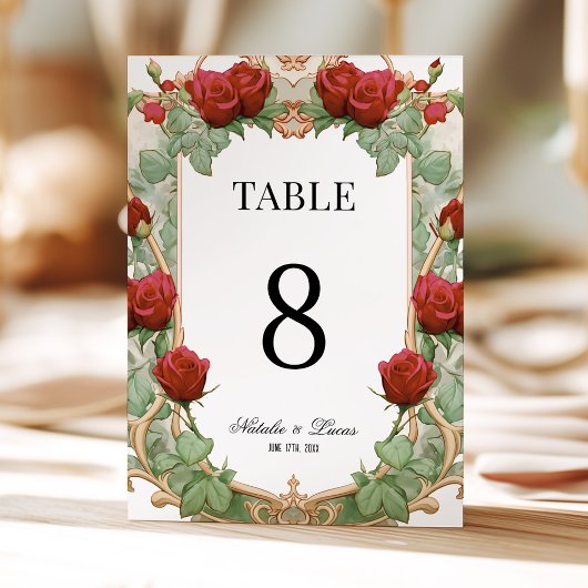Red Rose Art Nouveau Wedding Table Number Kaart