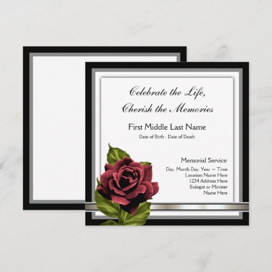 Red Rose begrafenisaankondiging Kaart (Voorkant / Achterkant)