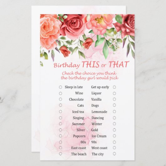 Red Rose Birthday Dit of dat spel (Voorkant / Achterkant)