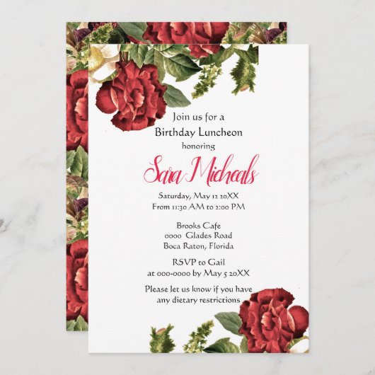 Red Rose Birthday Lunch Kaart (Voorkant / Achterkant)