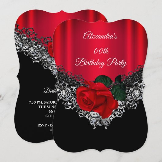 Red Rose Birthday Party Lace Black Silver Kaart (Voorkant / Achterkant)