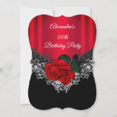 Red Rose Birthday Party Lace Black Silver Kaart (Voorkant)