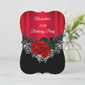 Red Rose Birthday Party Lace Black Silver Kaart (Staand voorkant)