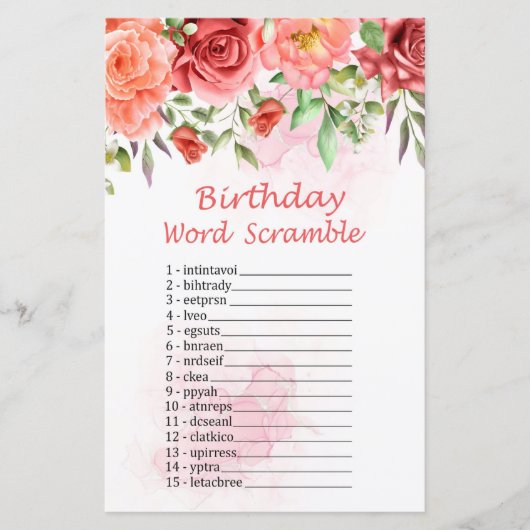 Red Rose Birthday Word Scramble Game (Voorkant)