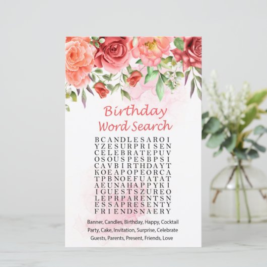 Red Rose Birthday Word Search Game (Staand voorkant)