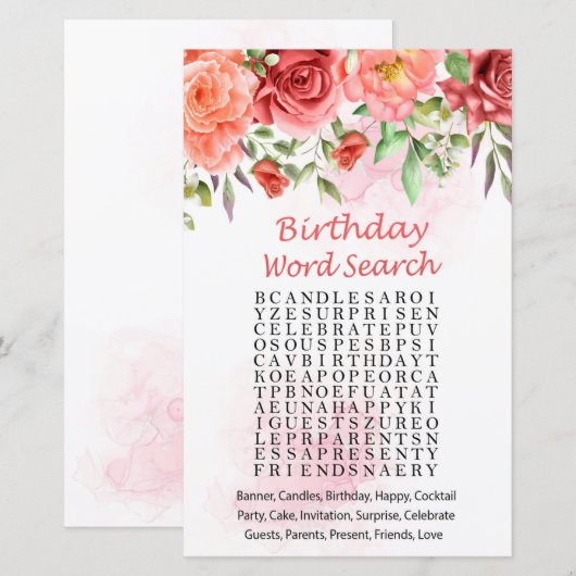 Red Rose Birthday Word Search Game (Voorkant / Achterkant)