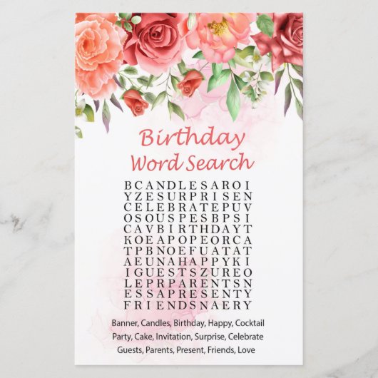 Red Rose Birthday Word Search Game (Voorkant)