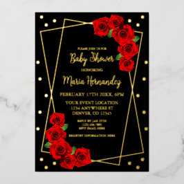 Red Rose Black en Gold Baby shower Folie Uitnodiging