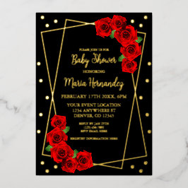 Red Rose Black en Gold Baby shower Folie Uitnodiging