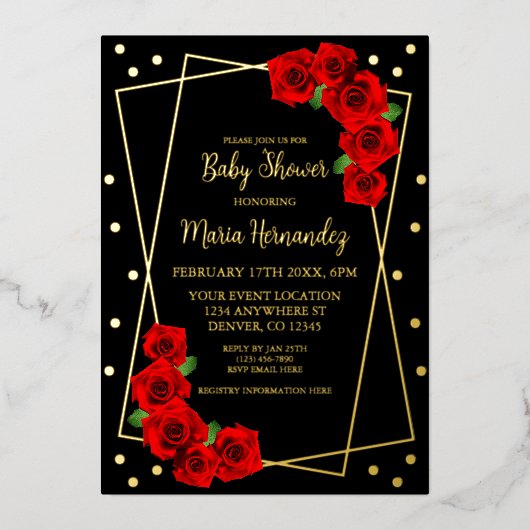 Red Rose Black en Gold Baby shower Folie Uitnodiging (Voorkant)