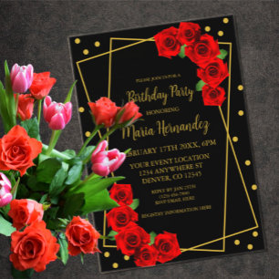 Red Rose Black en Gold Birthday Acryl Uitnodigingen