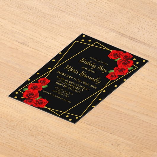 Red Rose Black en Gold Birthday Acryl Uitnodigingen (Laagn)