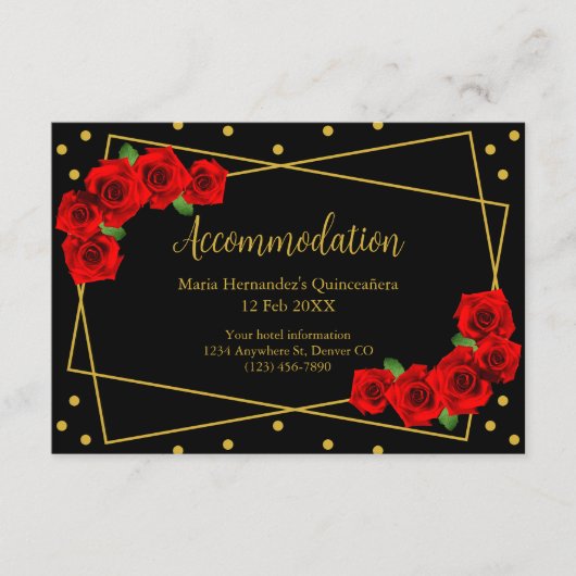 Red Rose Black en Gold Quinceañera Accommodatie Informatiekaartje (Voorkant)