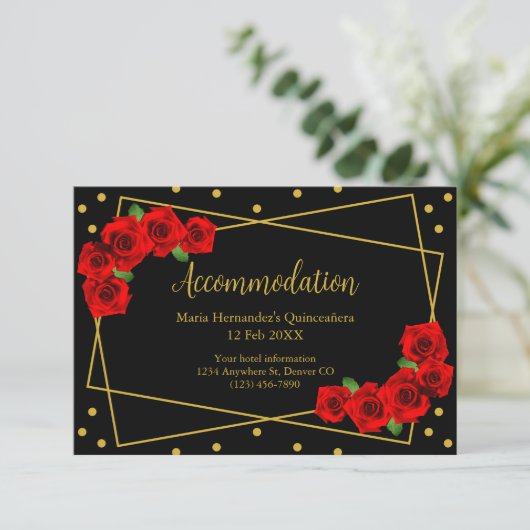 Red Rose Black en Gold Quinceañera Accommodatie Informatiekaartje (Staand voorkant)