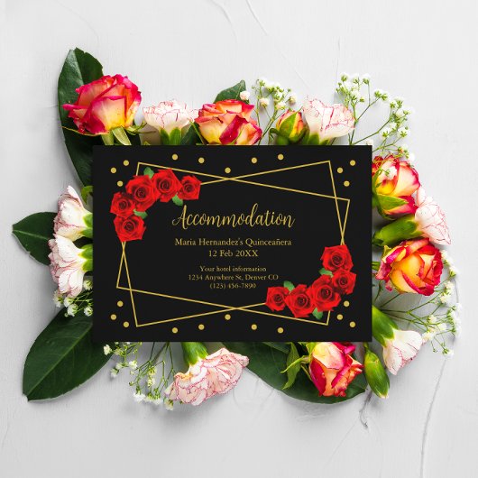Red Rose Black en Gold Quinceañera Accommodatie Informatiekaartje