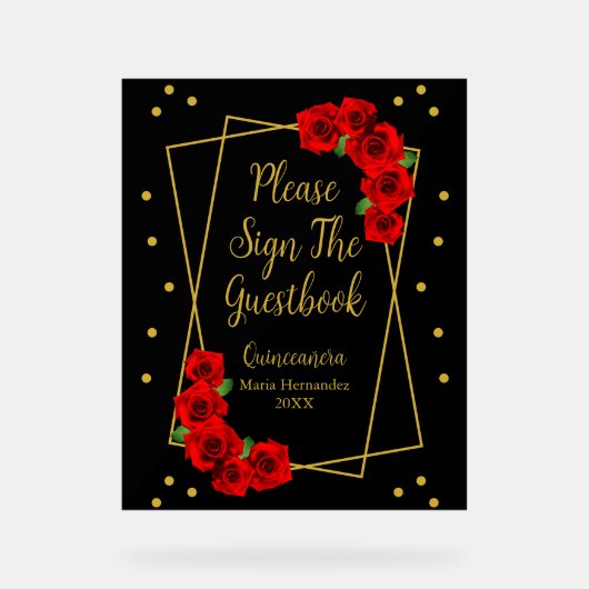 Red Rose Black en Gold Quinceañera Acryl Bord (Voorkant)