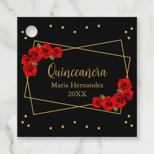 Red Rose Black en Gold Quinceañera Bedankjes Labels (Voorkant)