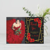 Red Rose Black en Gold Quinceañera Bedankkaart (Staand voorkant)