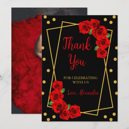 Red Rose Black en Gold Quinceañera Bedankkaart (Voorkant / Achterkant)